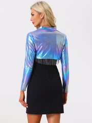 Women's Cropped Bolero Holographic Party Shimmering Shiny Lightweight Metallic Cardigan