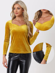 Casual Velvet Long Sleeve Solid Color Sweetheart Neck Blouse