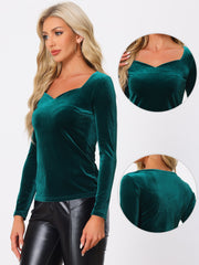 Casual Velvet Long Sleeve Solid Color Sweetheart Neck Blouse
