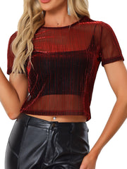 Mesh Short Sleeve Mesh Metallic Party See Through Crop Shirt