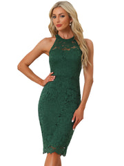 Lace Halter Elegant Sleeveless Bodycon Wedding Cocktail Sheath Dress