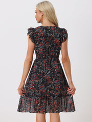 Floral Flutter Sleeve V Neck Smocked Ruffle Dress