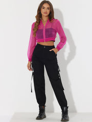 Bomber Long Sleeve Crop Mesh Sheer Zip Up Jackets