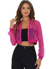 Bomber Long Sleeve Crop Mesh Sheer Zip Up Jackets