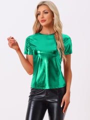 Glitter Metallic Short Sleeve Shiny Multicolor Blouse