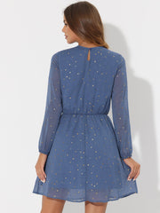 Choker V Neck Flared Gilding Metallic Shiny Star A-Line Dress