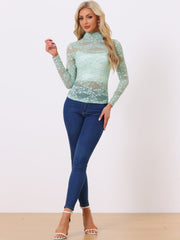 See Through Long Sleeve Turtleneck Sheer Floral Lace Blouse