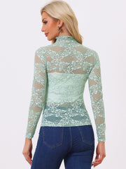 See Through Long Sleeve Turtleneck Sheer Floral Lace Blouse