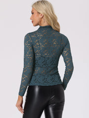 See Through Long Sleeve Turtleneck Sheer Floral Lace Blouse