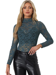 See Through Long Sleeve Turtleneck Sheer Floral Lace Blouse