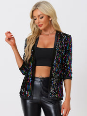 Sequin Open Front Collarless 3/4 Sleeve Velvet Jacket