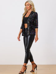 Sequin Open Front Collarless 3/4 Sleeve Velvet Jacket