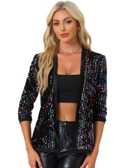 Sequin Open Front Collarless 3/4 Sleeve Velvet Jacket