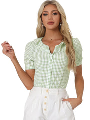 Plaid Blouse Puff Sleeve Ruffle Peter Pan Collar Shirt Top