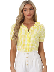 Plaid Blouse Puff Sleeve Ruffle Peter Pan Collar Shirt Top
