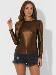 Long Sleeve Sparkly Party Glitter Shiny Metallic Blouse