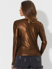 Long Sleeve Sparkly Party Glitter Shiny Metallic Blouse