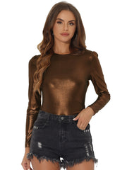 Long Sleeve Sparkly Party Glitter Shiny Metallic Blouse