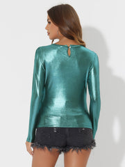 Metallic Glitter Shiny Long Sleeve Sparkly Party Blouse