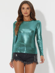 Metallic Glitter Shiny Long Sleeve Sparkly Party Blouse