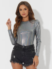 Metallic Glitter Shiny Long Sleeve Sparkly Party Blouse