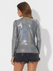 Metallic Glitter Shiny Long Sleeve Sparkly Party Blouse