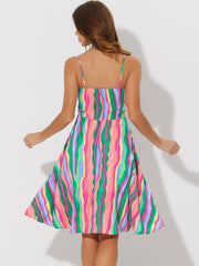 Summer Casual Beach V Neck Tie Front Rainbow Spaghetti Strap Dress