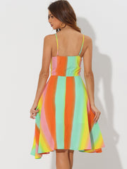 Summer Casual Beach V Neck Tie Front Rainbow Spaghetti Strap Dress