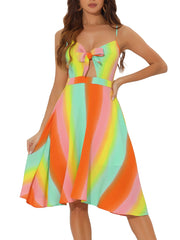 Summer Casual Beach V Neck Tie Front Rainbow Spaghetti Strap Dress