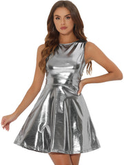 Sleeveless Metallic A-Line Club Party Holographic Mini Dress