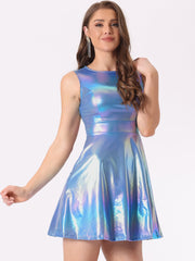 Sleeveless Metallic A-Line Club Party Holographic Mini Dress
