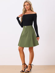 High Waisted A-Line Flared Casual Denim Midi Jean Skirt