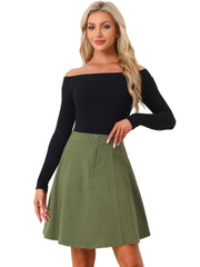 High Waisted A-Line Flared Casual Denim Midi Jean Skirt
