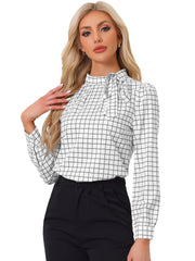 Bow Tie Neck Grid Checks Shirt Office Work Tops Blouse