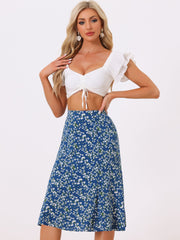 Floral Peasant Elastic Waist A-Line Ditsy Leave Midi Skirt
