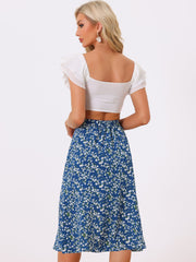 Floral Peasant Elastic Waist A-Line Ditsy Leave Midi Skirt
