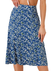 Floral Peasant Elastic Waist A-Line Ditsy Leave Midi Skirt