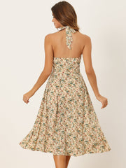 Halter Neck Floral Summer Sundress Sleeveless Lace Up Midi Dress