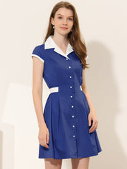 Retro Button Down Flat Collar Belted Office Mini Shirt Dress