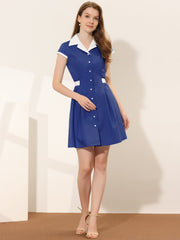 Retro Button Down Flat Collar Belted Office Mini Shirt Dress