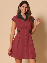 Retro Button Down Flat Collar Belted Office Mini Shirt Dress