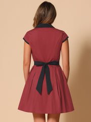 Retro Button Down Flat Collar Belted Office Mini Shirt Dress
