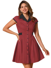 Retro Button Down Flat Collar Belted Office Mini Shirt Dress