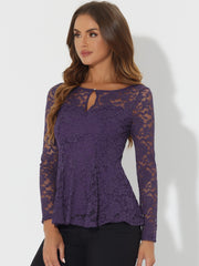 Lace Tops Keyhole Front Peplum Hem Sheer Long Sleeve Blouse