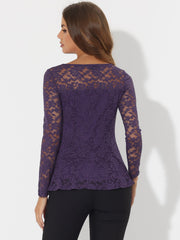 Lace Tops Keyhole Front Peplum Hem Sheer Long Sleeve Blouse