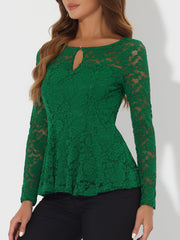 Lace Tops Keyhole Front Peplum Hem Sheer Long Sleeve Blouse