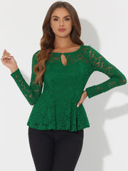 Lace Tops Keyhole Front Peplum Hem Sheer Long Sleeve Blouse