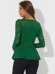 Lace Tops Keyhole Front Peplum Hem Sheer Long Sleeve Blouse
