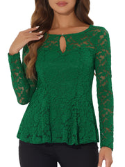 Lace Tops Keyhole Front Peplum Hem Sheer Long Sleeve Blouse