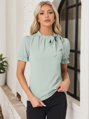 Bow Tie Neck Tops Elegant Office Short Sleeve Blouse